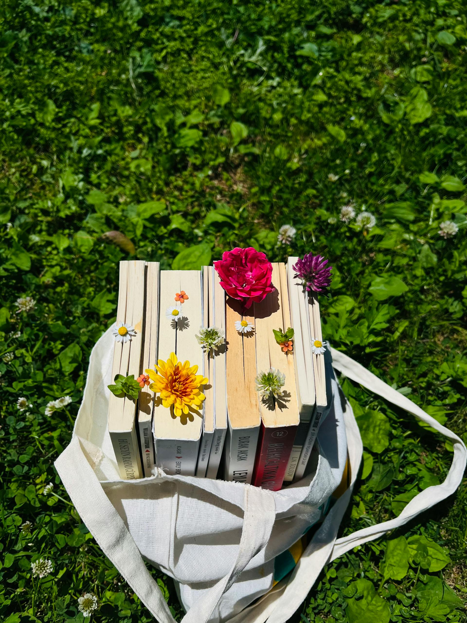 Books adorned with colorful flowers in a tote bag, set on green grass.